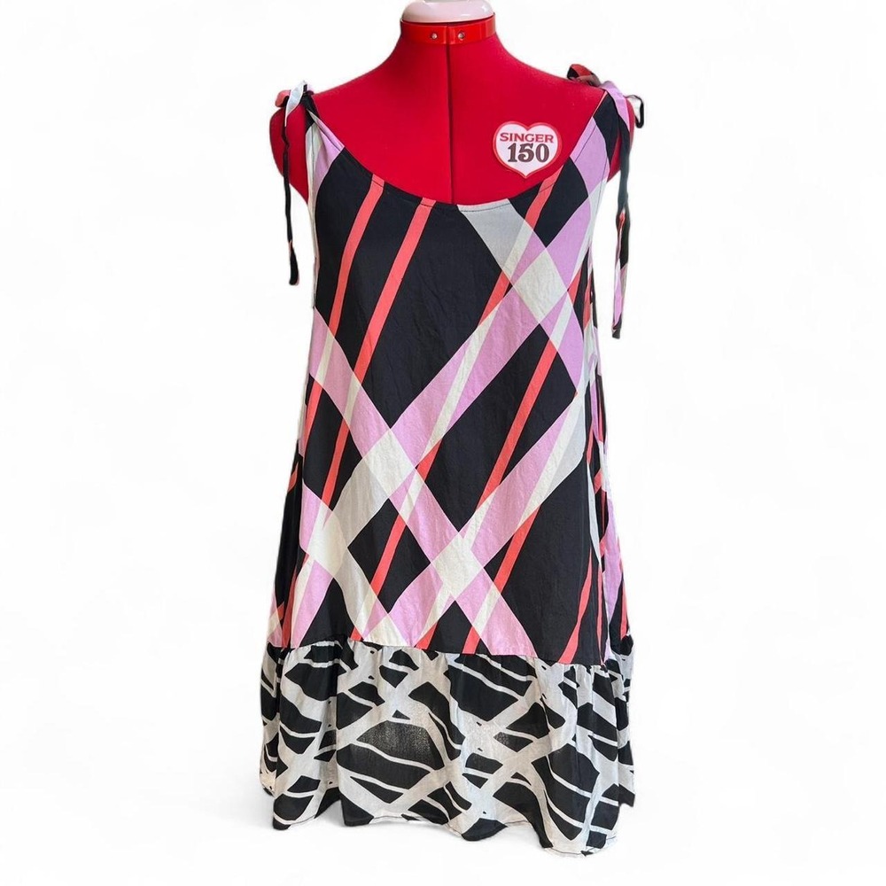 Hurley Silk Abstract Pattern Summer Dress Tie Straps & Ruffle Hem Size Medium